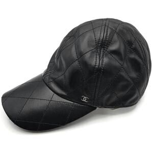 Chanel CC Logo Quilted Lambskin Leather Baseball Cap Hat Black Medium 15B Rare